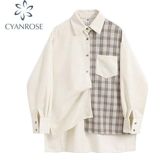 Women New Shirt Loose Elegant Turndown Collar Long sleeve Sense Splicing Irregular Shirts 2021 Autumn Streetwear Korean Blouse