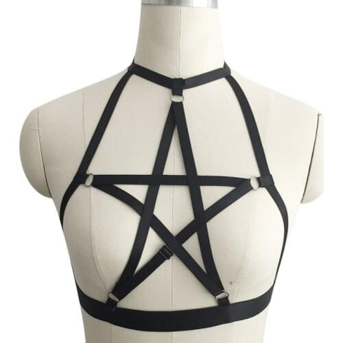 Sexy Hot Women Pentagram harness Bra crop top Spandex Adjust Open Cage bra harness body stocking Goth harajuku Pentagram harness