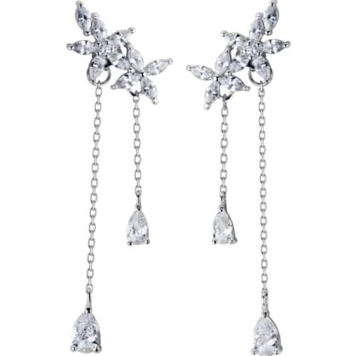 Flower Earrings 100% 925 Sterling Silver Drop Earrings Silver Jewelry with Cubic Zirconia