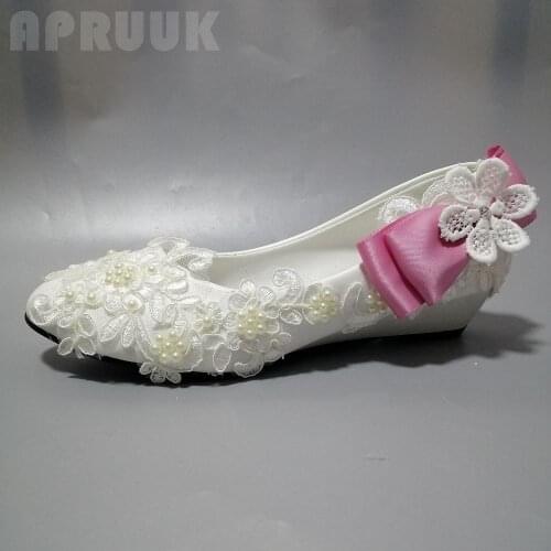 3CM wedges heel lace pearls womens wedding shoes white lace ivory pearls with pink satin bow ladies girl party dress dance pump