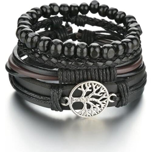 Unique Deep Color Braided Wrap Leather Bracelets Jewelry Accessories Vintage Life Tree Charm Wood Ethnic Tribal Wristbands