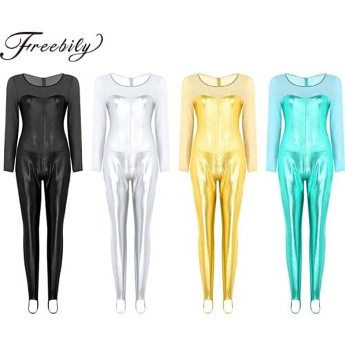 Women One-piece Stage Performance Dancewear Shiny Metallic Stirrup Modern Catsuit Leotard Bodysuit Adult Dance Costumes