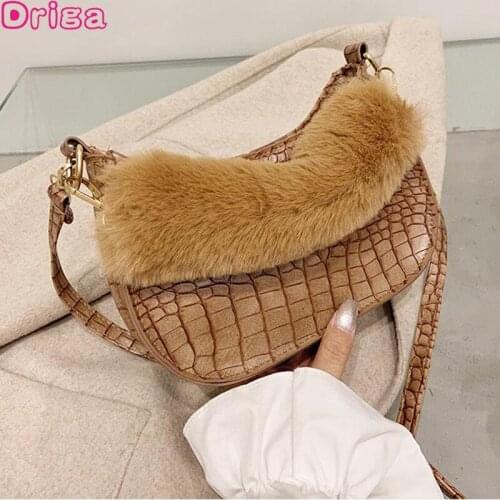 Driga Ladies Fur Handbags 2021 New Fashion Shoulder Underarm Bags Retro Portable Crossbody Bags Crocodile Pattern Pu Leather Bag