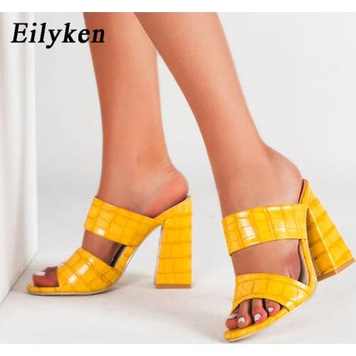 Eilyken Fashion Hollow Slides Women Crocodile Pattern Leather Square Heels Summer Peep Toe Slippers Sandals Party Dress Shoes
