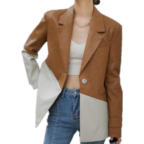 New arrival autumn vintage hit colot pu leather blazer women one button stitching loose small suit