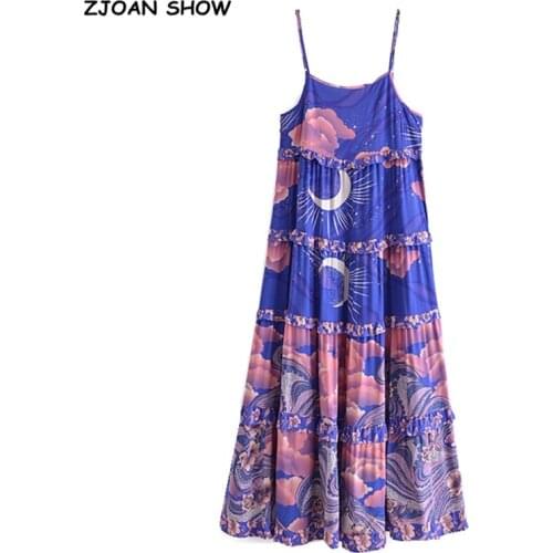 2021 Bohemian Blue Floral print BOHO Dress Holiday Woman Spliced Wood ears Ruffles Spaghetti Strap Dresses Beach Sling Vestidos