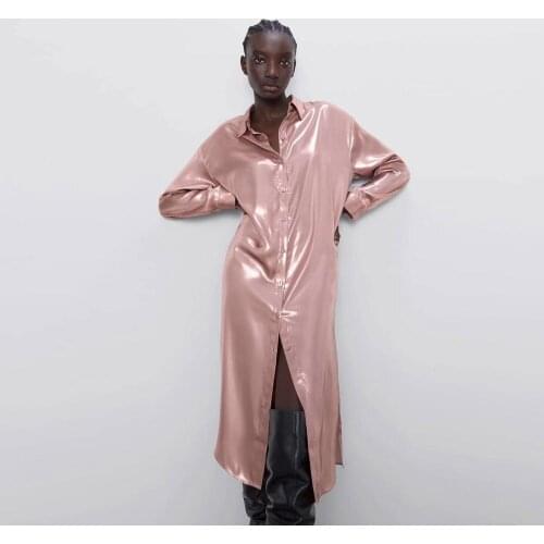 Womens Pink Beach Dress,Metal Texture Loose Casual Long Blouse for Ladies Slik Long Shirts Lazy Style