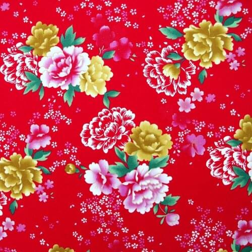 1 Yard Cotton Poplin Fabric for Sewing Patchwork, Dress, Cloth - Poney Flower on Red Background (width=140cm)
