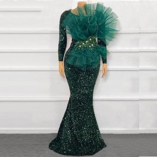 Sparkly Sequined Dark Green Mermaid Evening Dresses With Long Sleeve Ruffles Lace Glitter Prom Dress Robe de mariée