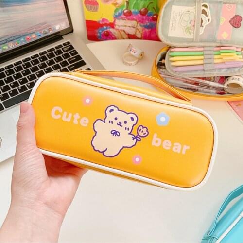 Cute Kawai PU Pencil Case with Handle & Slot Large Capacity Makeup Brush Pen Organizer for Office 22.5*11*6cm Zipper Closure