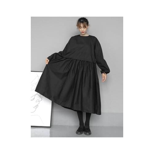 Black Hepburn style dress new mid-long high-waisted Peng show thin a-line skirt loose long sleeves