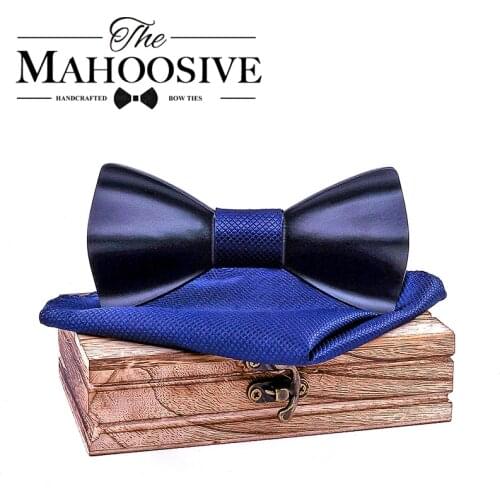 Black Mens Wood Bow tie Handkerchief Sets Marriage Groom Wooden BowTie Bowknots Wedding Party Neck Ties For Men