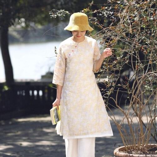 Literature Double-deck Round Neck Coloured Jade Button With Inclined Flaps Zen Slowly Change Blue Improvement Cheongsam Dress