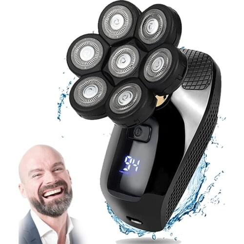 Mens 7D Electric Razor Waterproof Cordless Fast 7 Blade Bald Shaver USB Charging LED Display for Bald Men Rotary Shaver