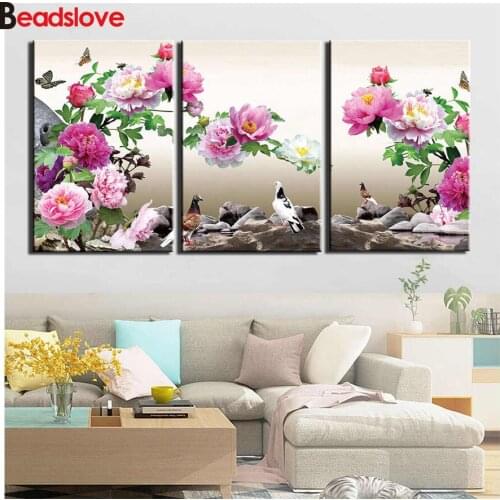 China peony flowers and birds 5d diy Diamond Painting Bedroom Restaurant Triple Flower Cross Stitch Rhinestone New Diamond