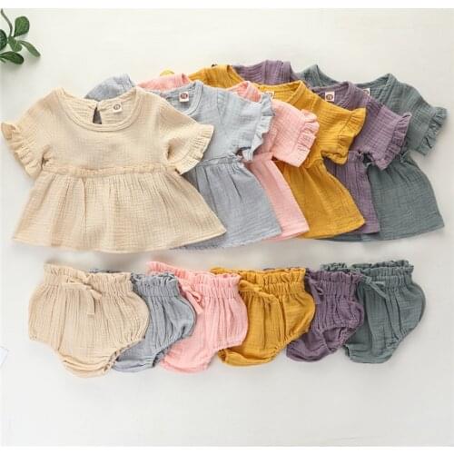 Summer Thin Baby Clothing Sets Fashion Children Short Sleeve Shorts Outfits Cotton Flax Solid Kids Clothes Overalls 2021