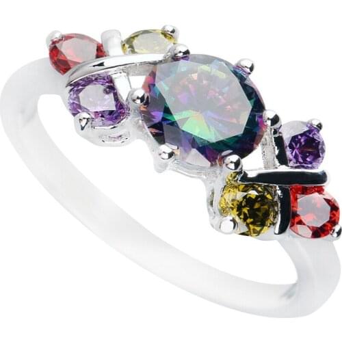 Round Multi-Color MultiGem 6*6mm Semi-precious Stone Sterling Silver AiMolies Ring Q0109QC