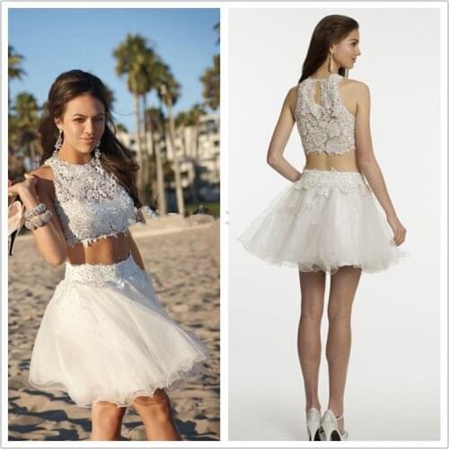 Summer style 2018 Hot Selling High neck Lace 2 Piece Short mini party prom gown beaded vestido de festa bridesmaid dresses