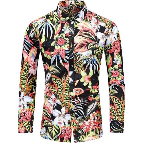 LIFENWENNA Fashion Flower Shirt Men Autumn Casual Hawaii Print Plus Size Long Sleeve Shirts Leisure Vacation Mens Clothing 7XL