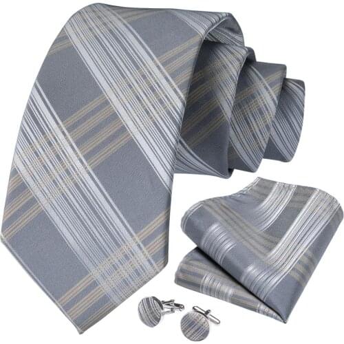 Fashion Men Tie Gold Silver Striped Wedding Tie For Men Business Dropshipping DiBanGu Designer Hanky Cufflinks Tie Set SJT-7254