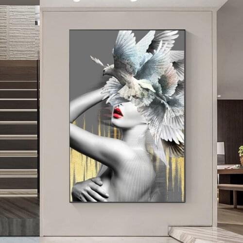 Fashion Nude Woman Canvas Painting Animal Pigeon Poster and Prints Wall Art Pictures for Living Room Interior Home Decoration