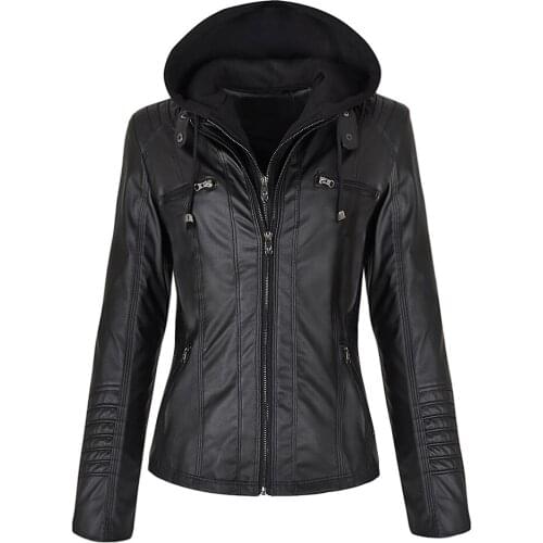 Motorcycle Leather Jacket Women Autumn Classic PU Leather Zipper Jacket Coat Streetwear Gothic Slim Collar Hooded Female Outwear