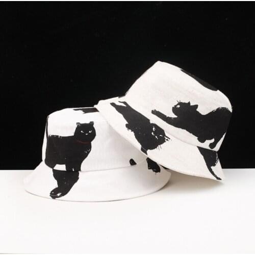 New design spring autumn cotton linen unisex rabbit cat print ease match artistic casual outing fisherman hats basin bucket hat
