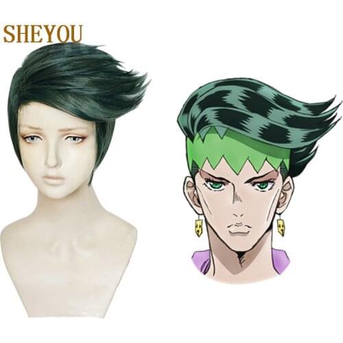 New JoJos Bizarre Adventure Rohan Kishibe Cosplay Wig Short Dark Green Heat Resistant Synthetic Hair Wigs + Wig Cap