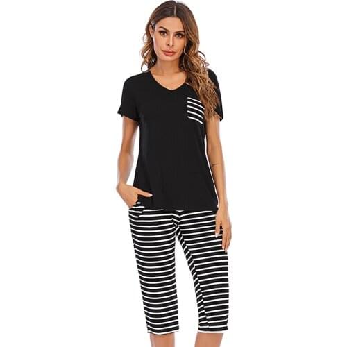 Aamikast Spring Autumn Womens Pajama Sets V neck Stripes Short Sleeve Women Sleepwear Pyjamas Girls Nightgown for Woman Plus