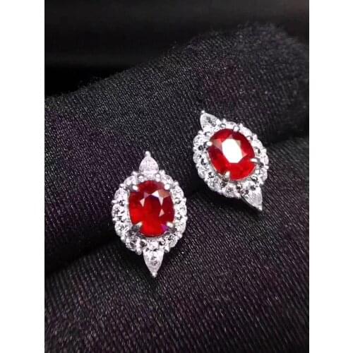 Shilovem Natural New Burning Pigeon Blood Ruby Gemstone earrings for Women Real 925 Sterling Silver new 4*6mm jce04068147agh