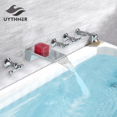 Uythner Chrome Bathtub Faucet Mixer Basin Tap Wide Spout Waterfall Tub Bathroom Faucet Hot And Cold Water Mixer With Hand Shower
