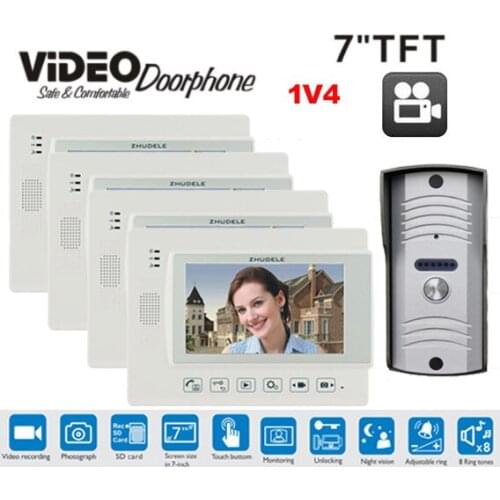 ZHUDELE 7" Video Door Phone Doorbell with Camera Intercom Video Intercom Recording Photo/Video Support 4GB SD Card Included 1v4