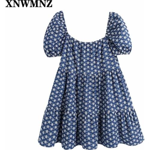 XNWMNZ 2021 Women Vintage Square Collar Puff Sleeve Hollow Out Embroidery Mini Dress Female Pleats Casual Vestido Dresses Muje