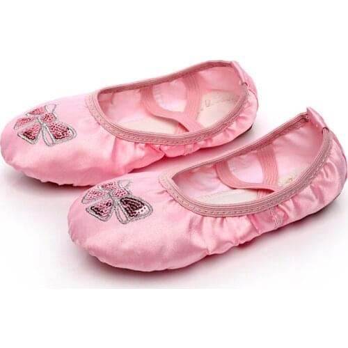 Womens Satin Sequins Emboridry Bow Dancing Shoes Ladies Pink Cross Belt Split Sole Ballerina Shoes