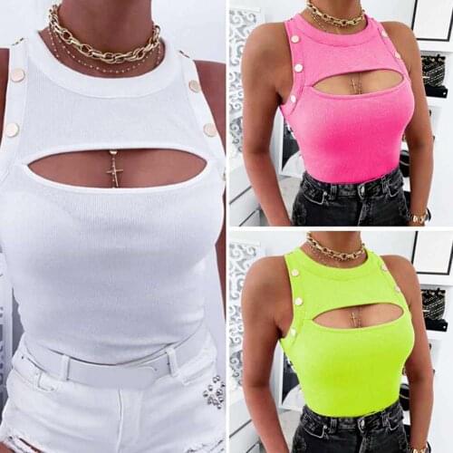 Sexy Women Hollow Buttoned Top Chest Hollow Blouse Slim Sleeveless Round Neck Vest Summer Women T-shirts Harajuku Hollow Out Top
