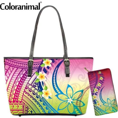 Coloranimal Pretty Girls PU Leather Handbag Tribal Polynesian Plumeria Printing Shoulder Bag for Women 2Pcs/Set Tote Bag&Wallet