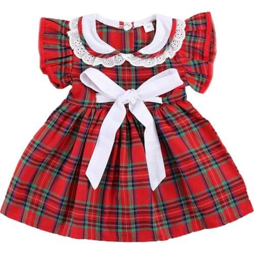 2-6Y Baby Red Girls Plaid Print Dress with Bow-knot Flare Sleeve O-neck Sweet Lace Skirt Children Casual Button-up Outfits