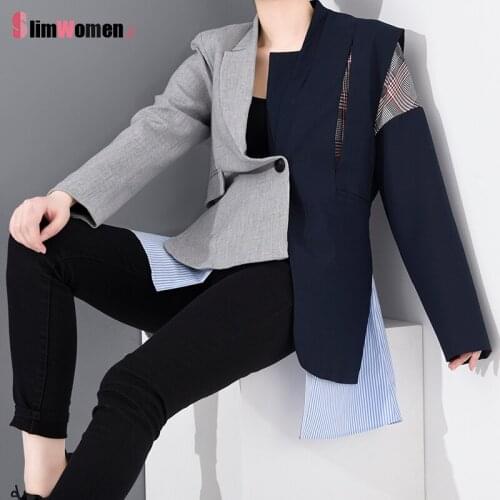 Women Irregular Patchwork Plaid Long Blazer Jacket Coat Chic Female Fashionable Split Sleeve Suit Blazer Birthday Party Colthes