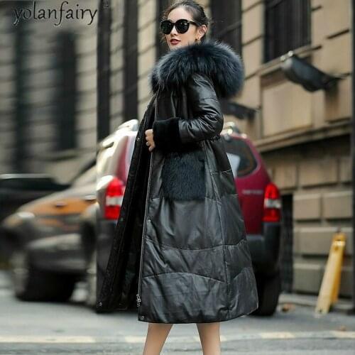 Genuine Leather Jacket Women Real Raccoon Dog Fur Collar Hooded Womens Winter Down Jacket Korean Sheepskin Coat XS19D18-23