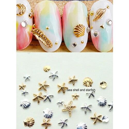 0HTRT 3D Metal Sea Shell Starfish 100pcs/pack 3d Gold Silver 3MM&5M Alloy Starfish Design Nail Rhinestone Studs UV Gel ,#2444101