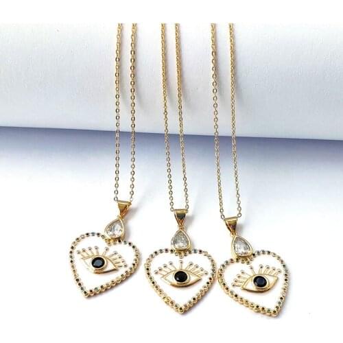 10 Pcs Top Quality Metal Copper Heart Eye Pendant Cubic Zirconia Enamel Charm,Handmade Gold Chains Lucky Jewelry Necklaces NK444