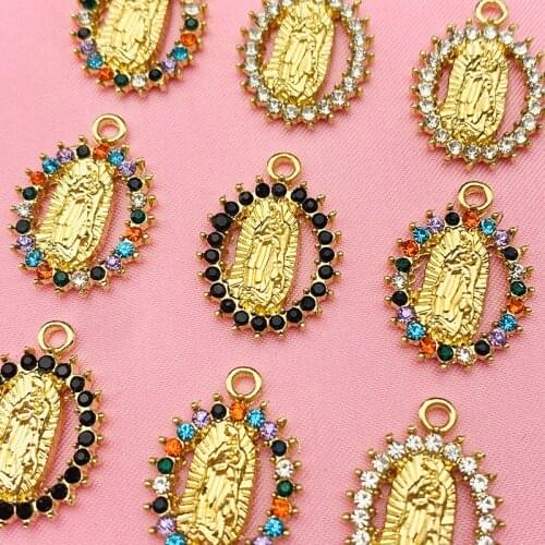 5Pcs/set Multicolor Rhinestone Zinc Alloy Virgin Mary Charms Golden Portrait Coin Charm For DIY Necklace Accessories Wholesale