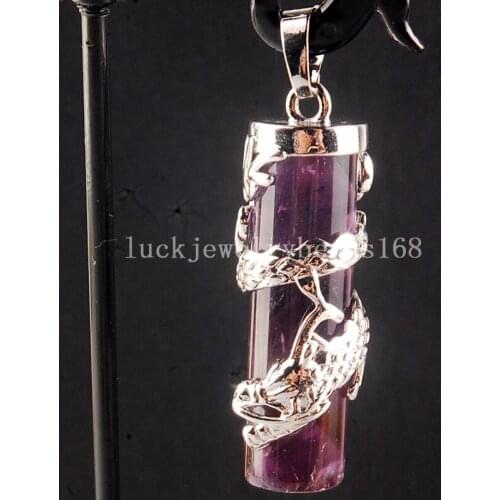 Free Shipping Women Fashion Jewelry 12x41mm Beautiful Natural Purple Crystal Dragon Cylinder Pendant Bead C3857