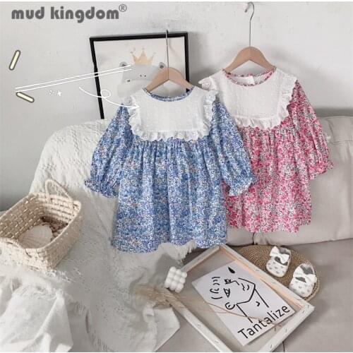 Mudkingdom Little Girl Dress Lace Crew Neck Long Puff Sleeve Floral Princess Dresses for Girls Spring Autumn Children Clothing