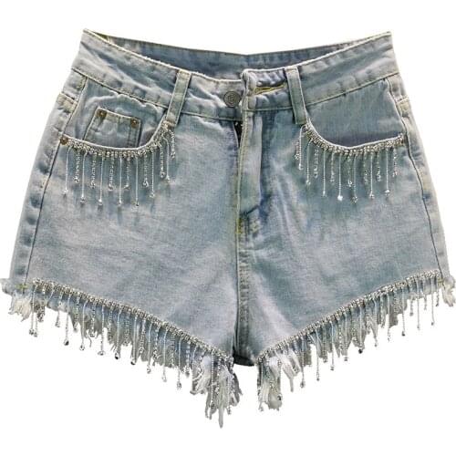 Women New Fashion Denim Shorts Summer Korean Loose Rhinestone Tassel Wide Leg Hot Pants High Waist Burrs Jeans Ladies Tide G923