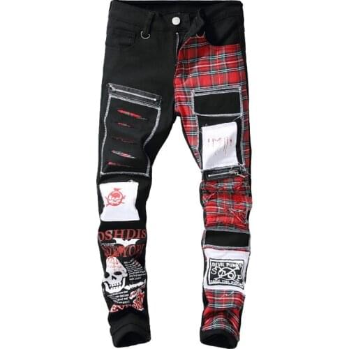 Mens Devil Skull Punk Rock Jeans Letter Plaid Print Hip Hop Pants Distressed Hole Patches Black Denim Trousers drop shipping