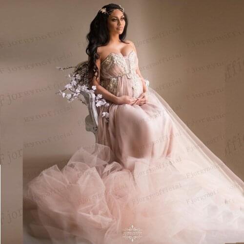 Elegant Fashion Strapless Applique Lace Maternity Dress for Photoshoot A-Line Soft Tulle Bridal Robes Womens Formal Party Gowns