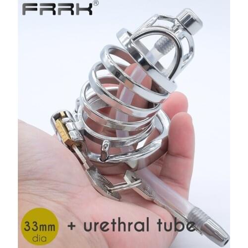 FRRK Metal Chastity Cage with Long Silicone Urethral Plug Large Cock Penis Rings Bondage Devices Kinky BDSM Sex Toys Products