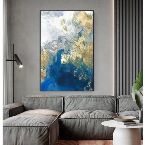 Art Decoration Picture Living Room Decor Blue Golden Modern Abstract Ocean Wall Nordic Canvas Print Painting Contemporary