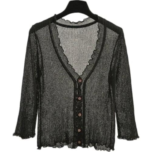 Korean Style 2018 new Cardigan female The summer air-conditioning short silk cardigan shirt a thin coat of black Cardigans PZ301